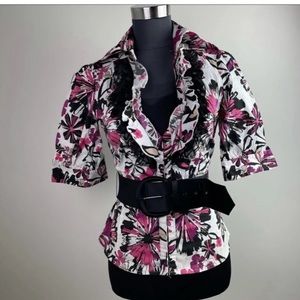 Ruffle Layered Pink Multicolor Collar Belted Bebe V-Neck Blouse